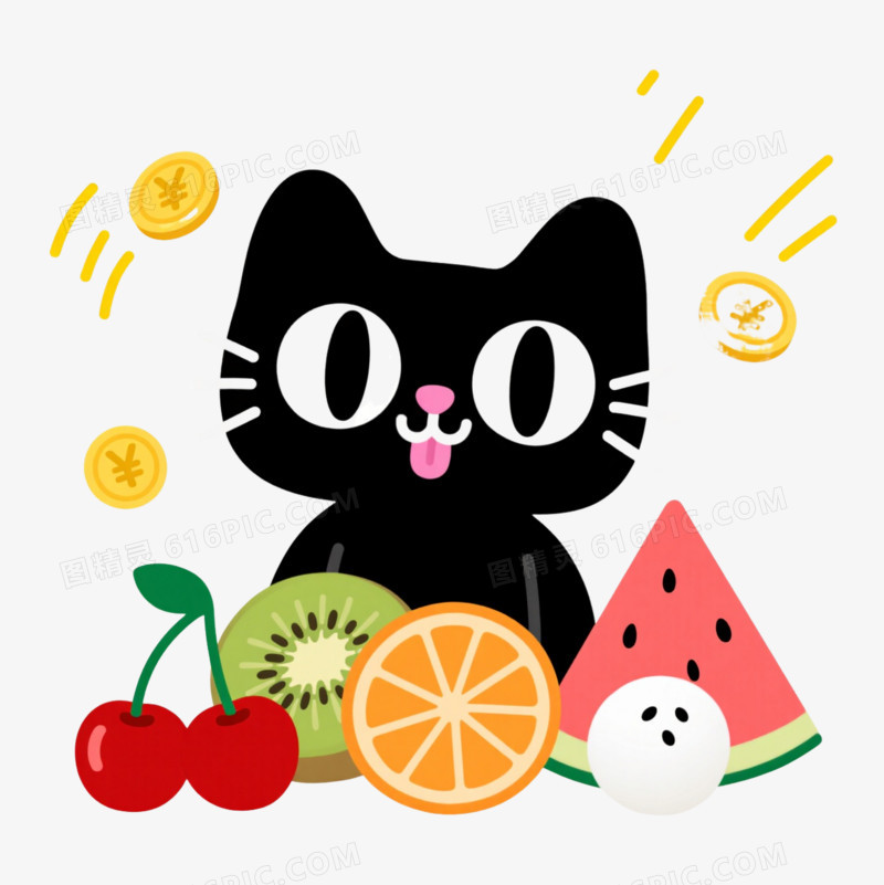 黑猫招财扁平插画漂浮元素