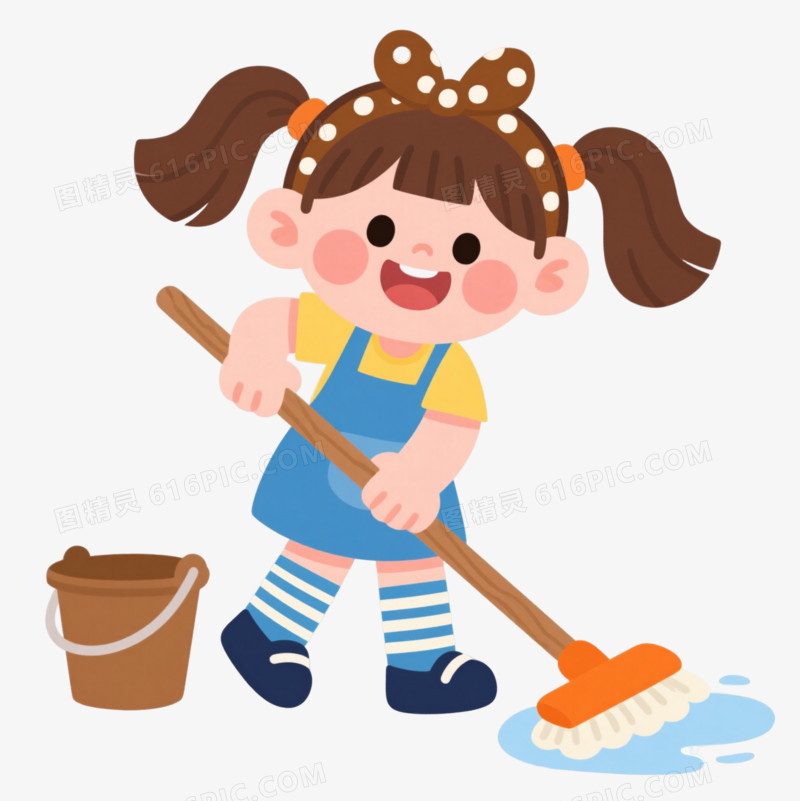 棕发女孩拖地卡通手绘元素