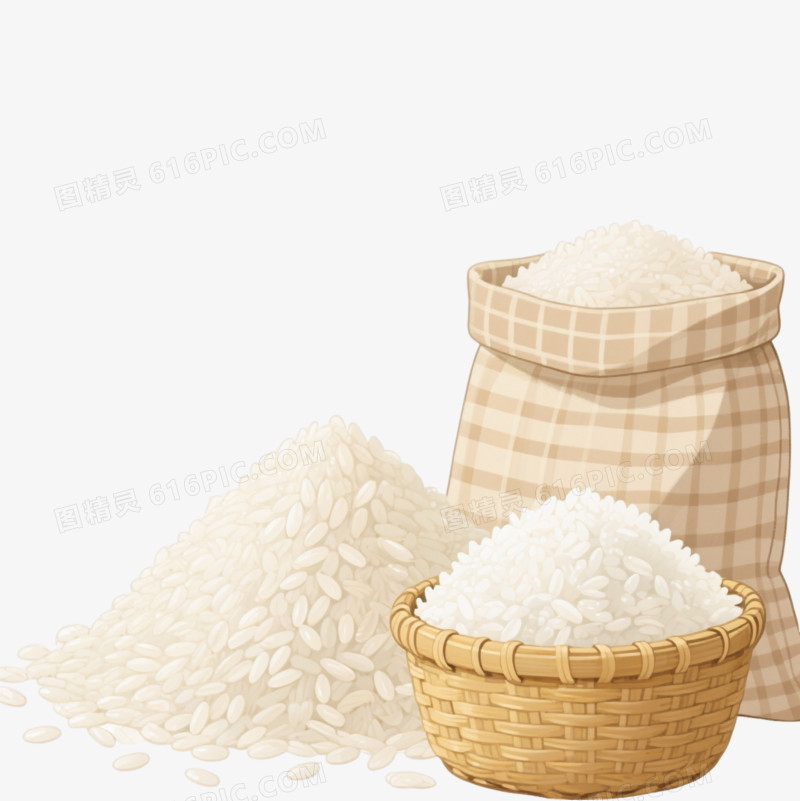 金黄稻穗米饭手绘插画元素