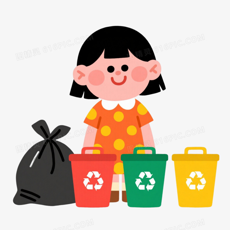 橙色波点女孩垃圾分类扁平插画元素