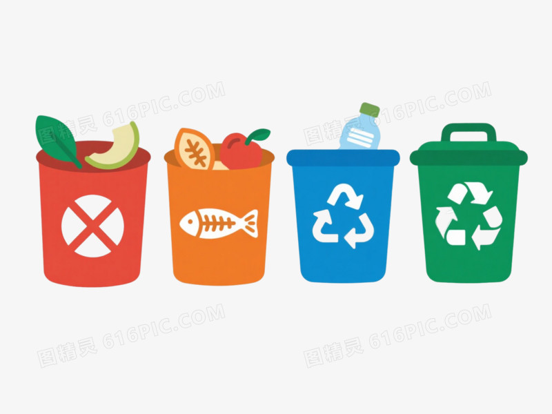 四色分类垃圾桶扁平插画元素