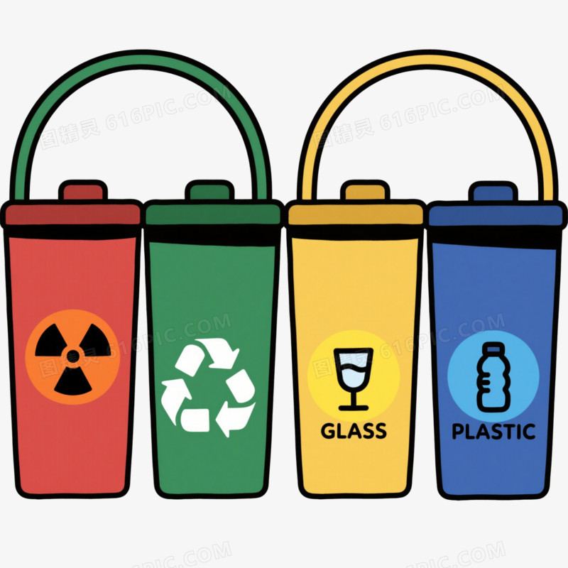 四色分类垃圾桶插画元素