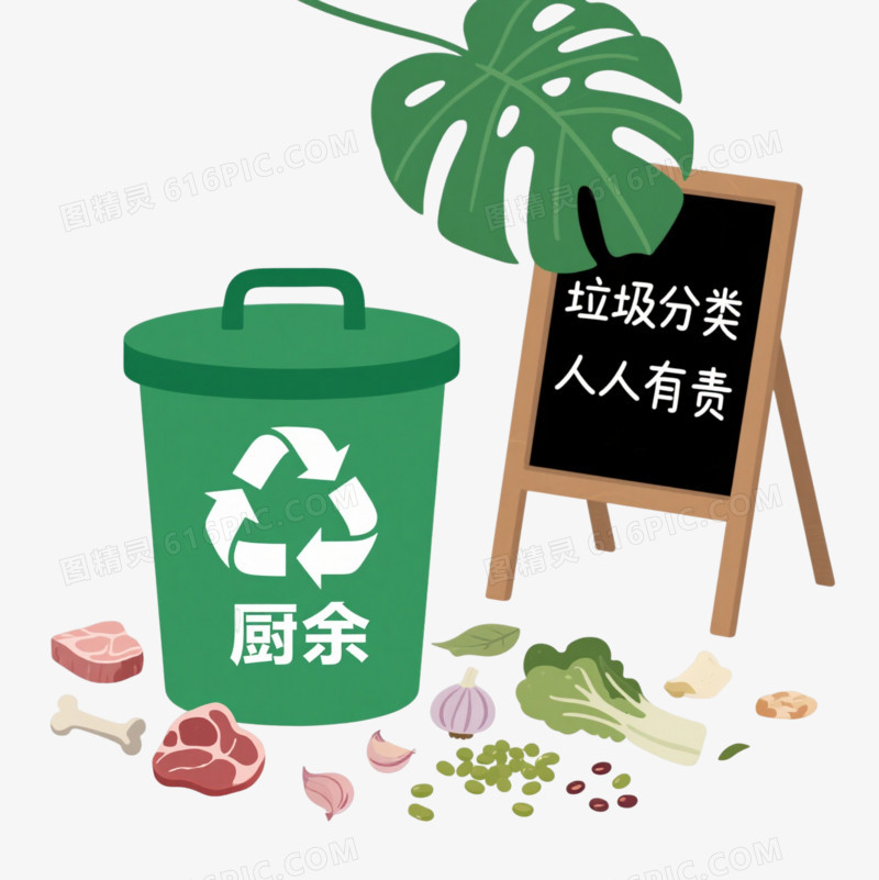 绿色厨余垃圾桶扁平插画元素