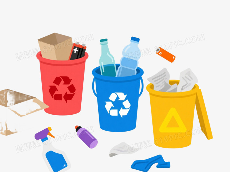 三色分类垃圾桶扁平插画元素