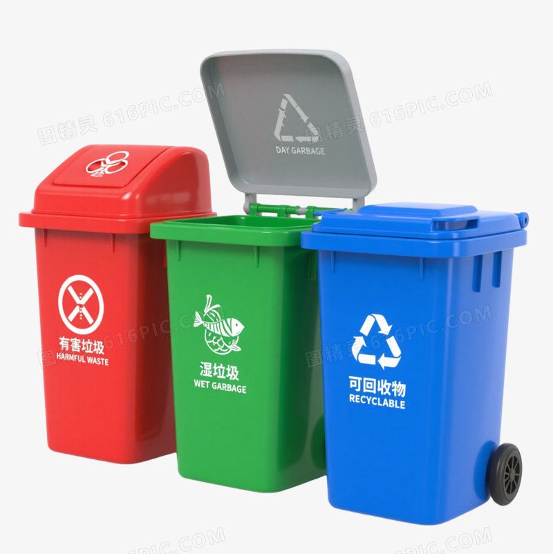 四色分类垃圾桶产品实物元素