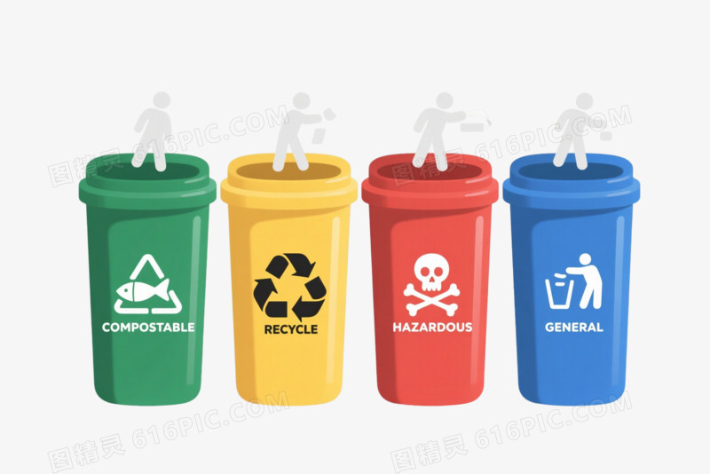 四色分类垃圾桶扁平插画元素