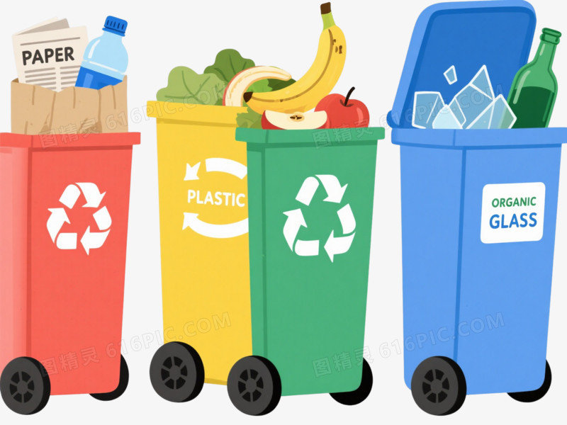 扁平风四色分类垃圾桶元素