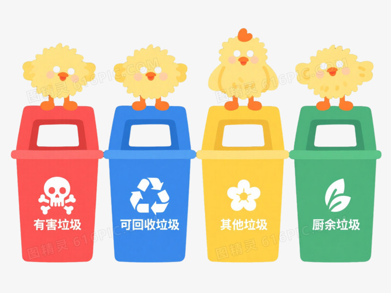 四色分类垃圾桶卡通手绘元素