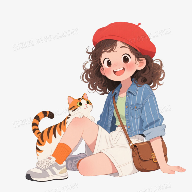 卷发少女清新插画漂浮元素