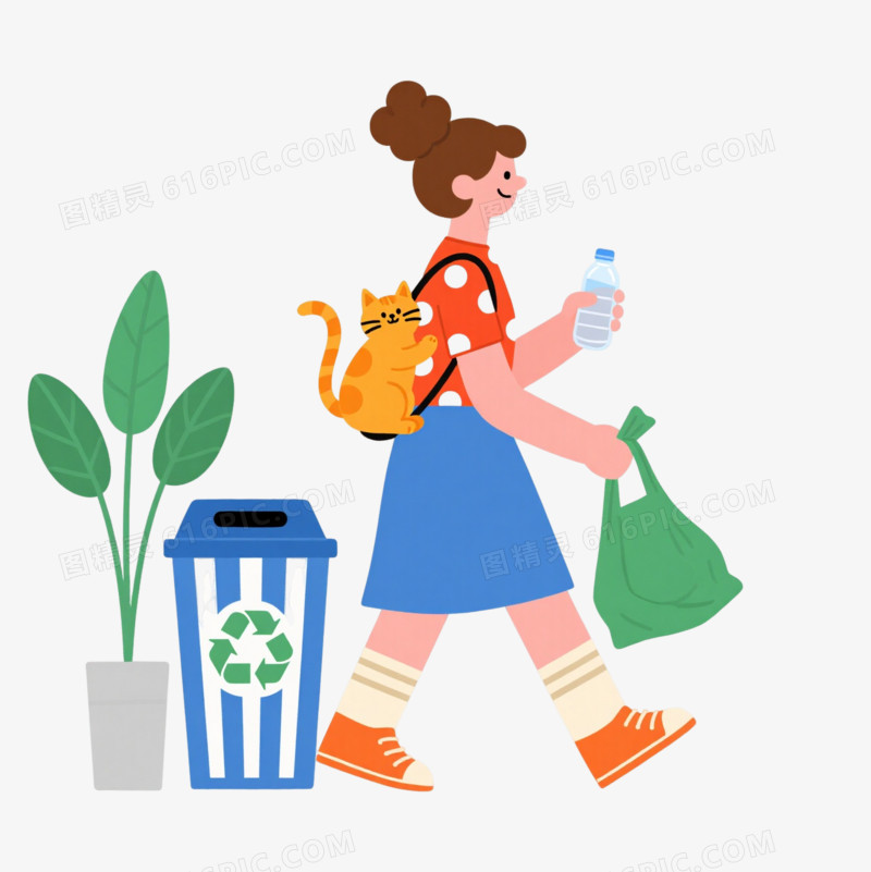 橙红波点少女扁平插画元素