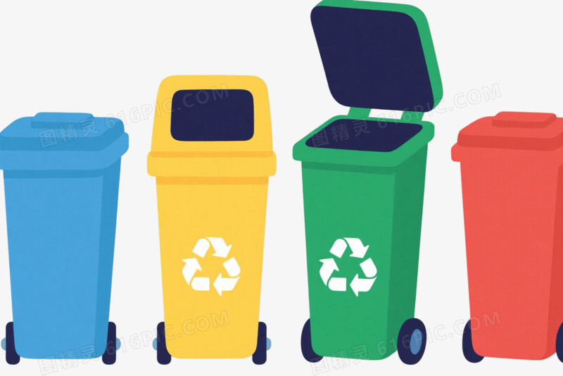 四色带轮垃圾桶插画元素