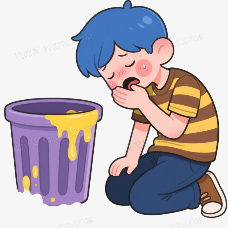 蓝发男孩干呕卡通手绘元素