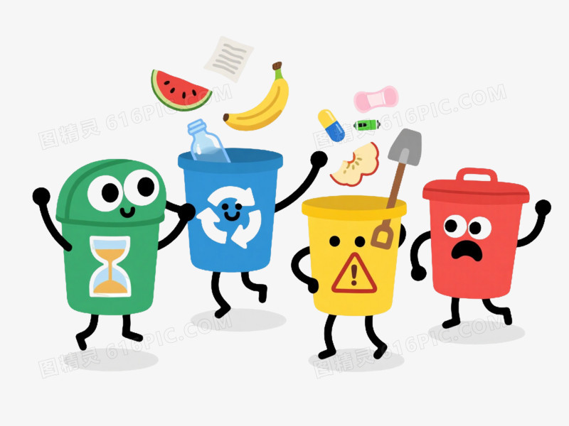 四色垃圾分类桶卡通手绘元素