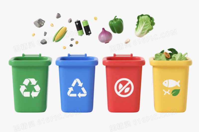 四色分类垃圾桶3D渲染元素