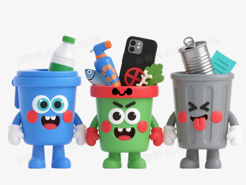 四色拟人垃圾桶卡通手绘元素