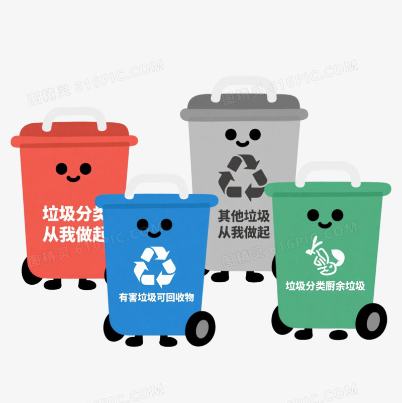 四色拟人垃圾桶卡通手绘元素