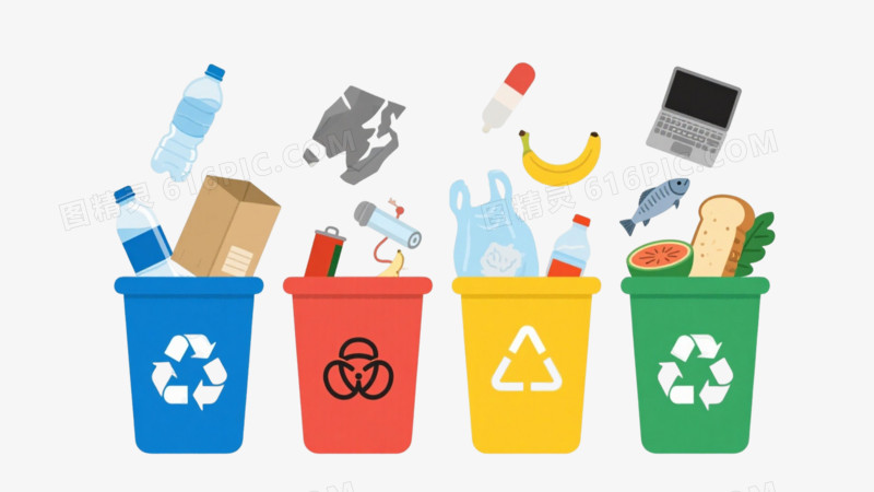 四色分类垃圾桶扁平插画元素