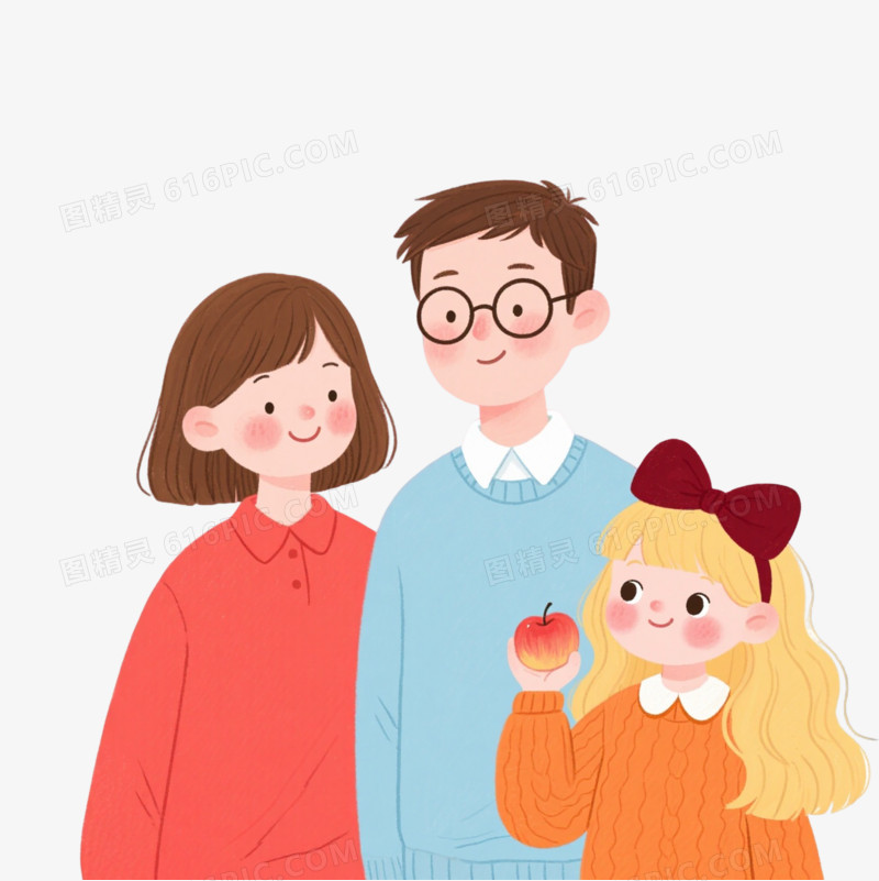 温馨一家三口卡通手绘元素