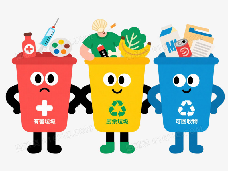 四色拟人垃圾桶卡通手绘元素