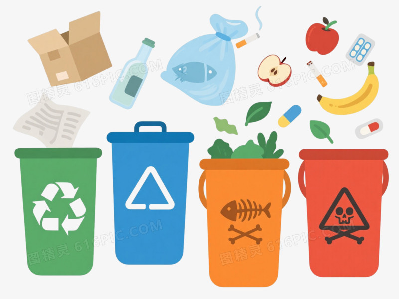 四色分类垃圾桶扁平插画元素