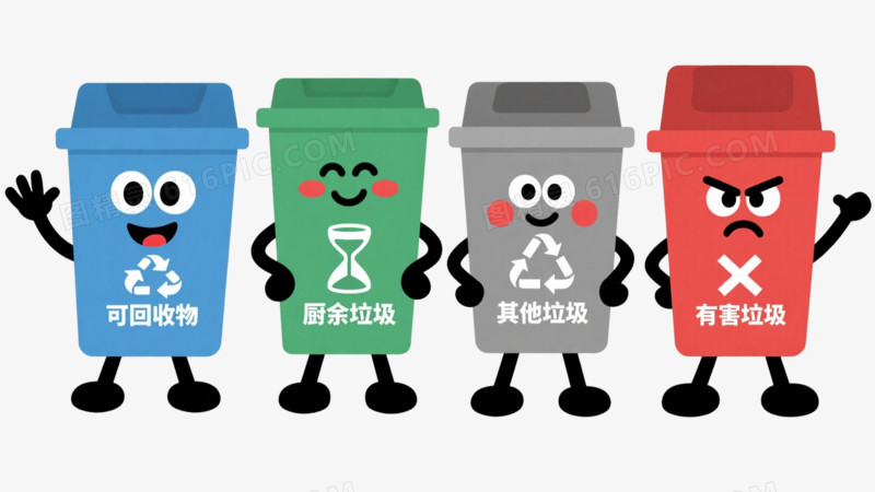 四色垃圾分类卡通手绘元素