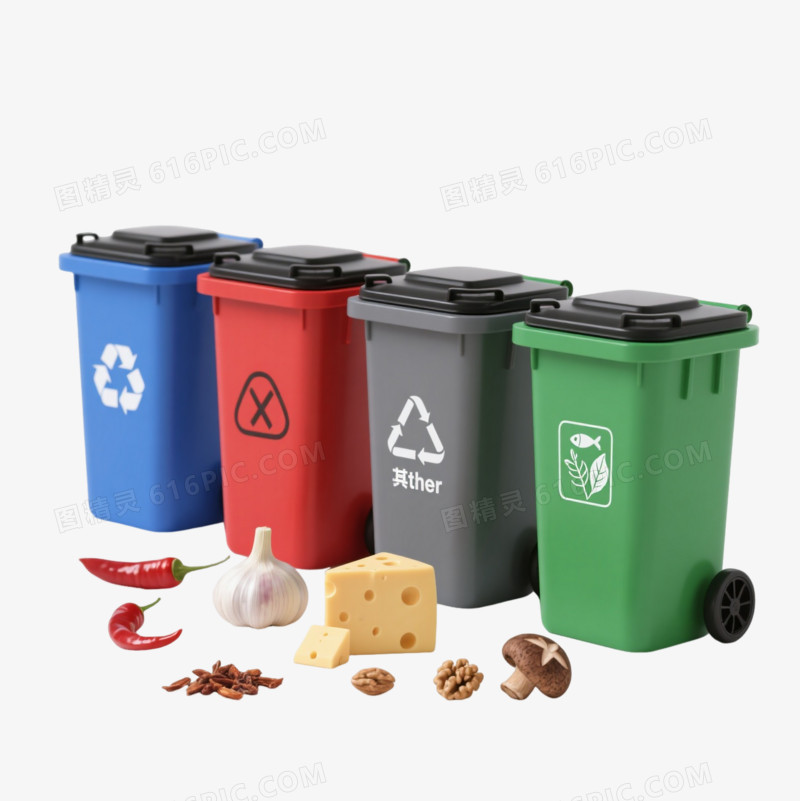 四色分类垃圾桶产品实物元素