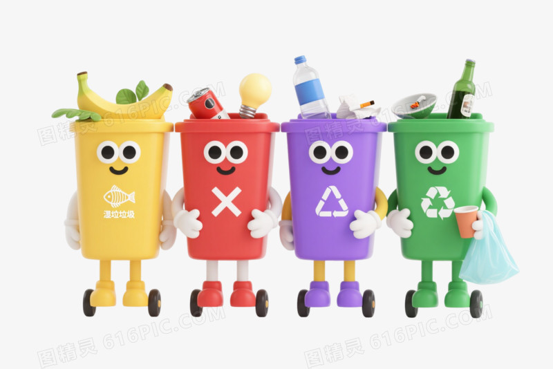 四色分类垃圾桶卡通手绘元素