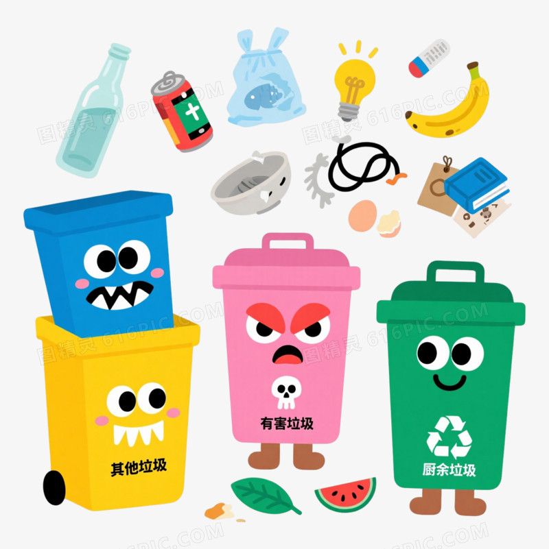 四色拟人垃圾桶卡通手绘元素