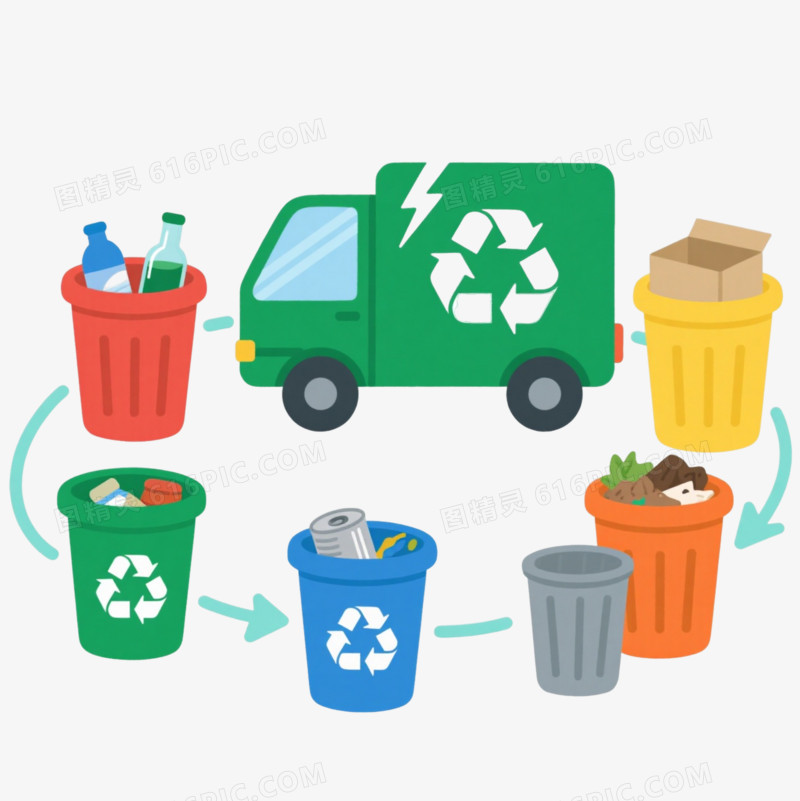 绿色回收车与分类垃圾桶扁平插画元素