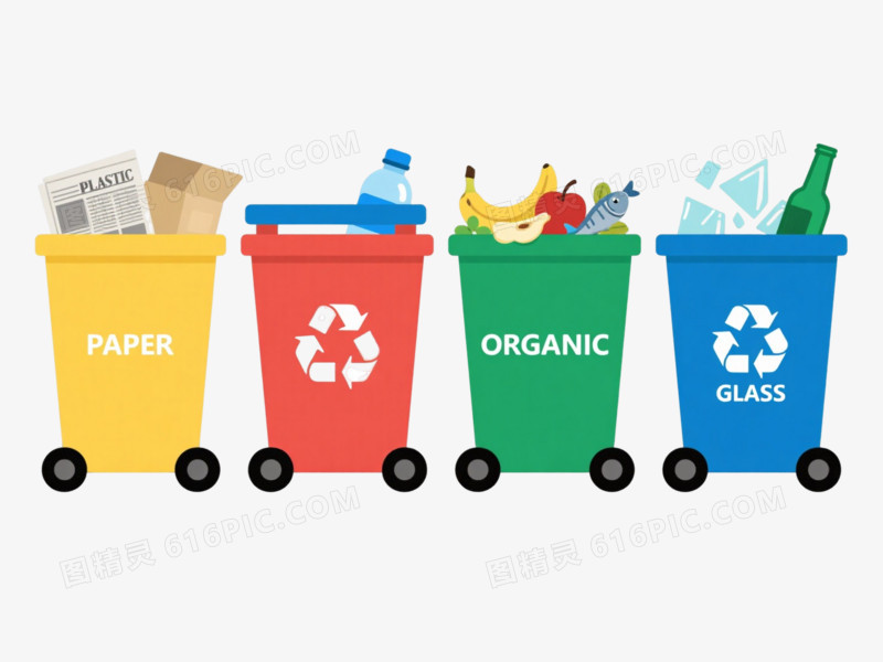 四色分类垃圾桶插画元素