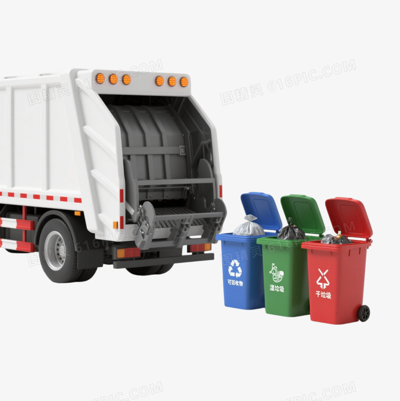 白色垃圾压缩车与分类垃圾桶产品实物元素