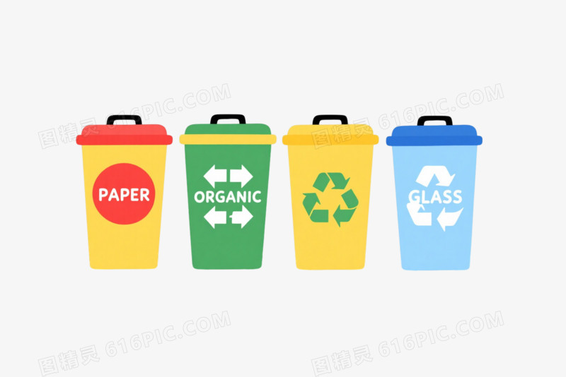 四色分类垃圾桶插画元素