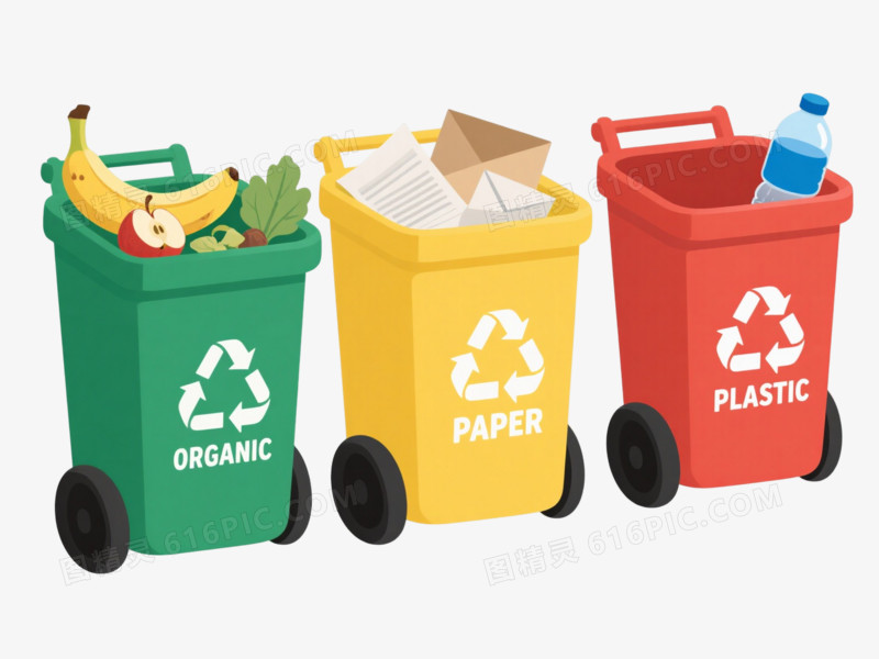 扁平风三色分类垃圾桶插画元素
