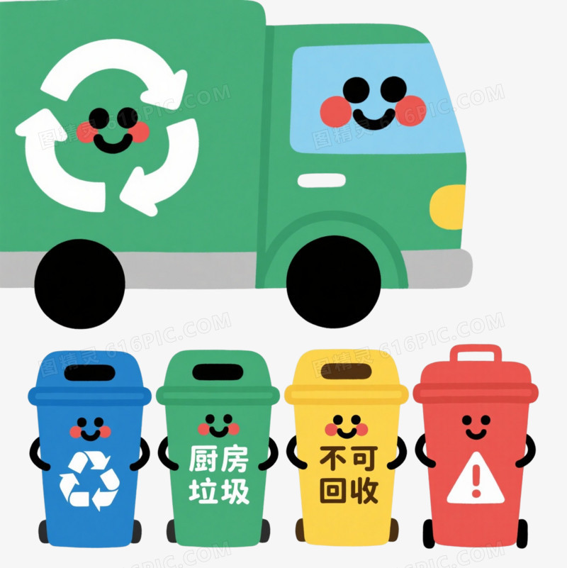绿色微笑回收车卡通手绘元素