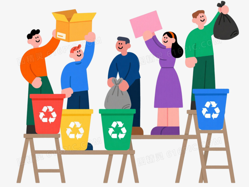 五人分类投垃圾卡通手绘元素