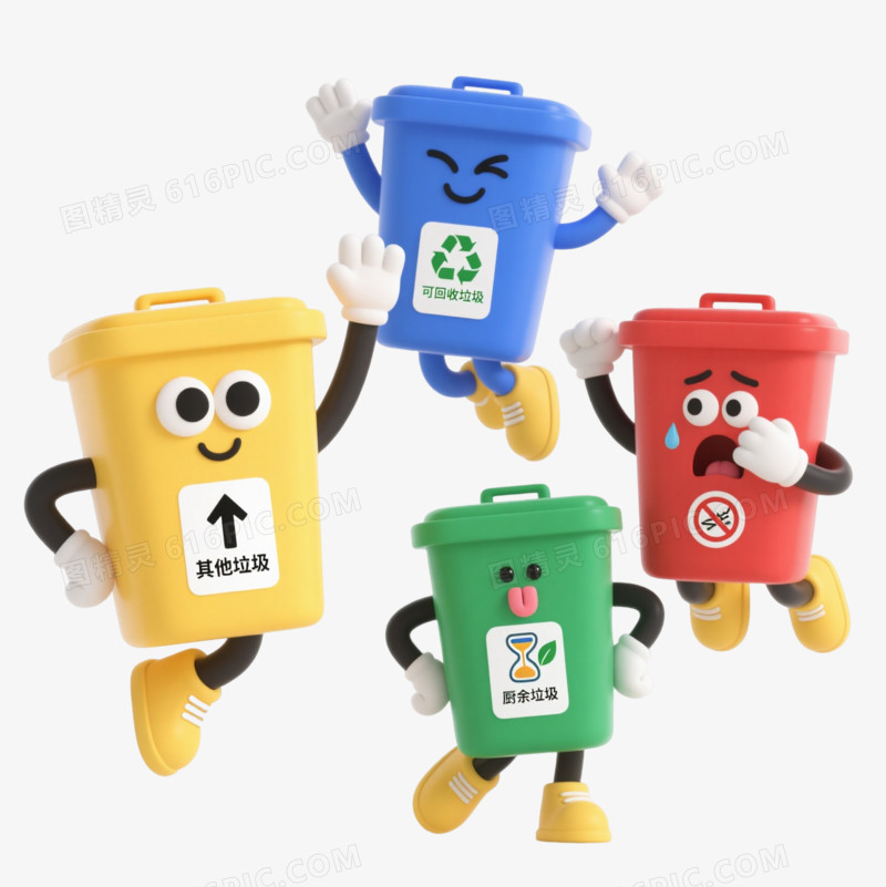 四色垃圾分类卡通手绘元素