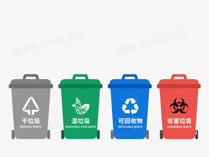 四色分类垃圾桶扁平插画元素