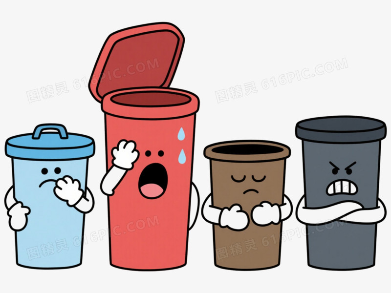 四色拟人垃圾桶卡通手绘元素