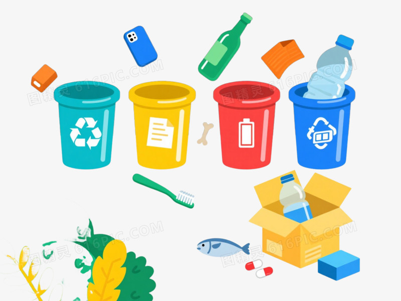 四色分类垃圾桶漂浮元素