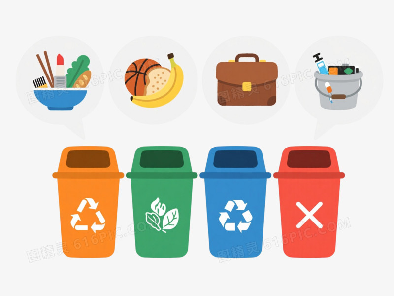 四色分类垃圾桶扁平插画元素