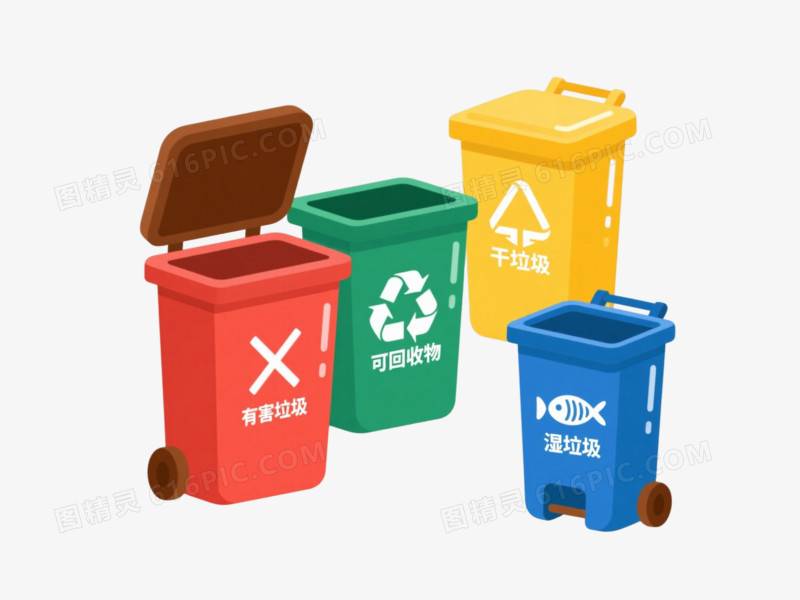 四色分类垃圾桶扁平插画元素