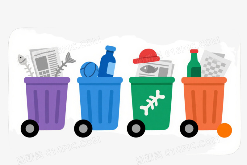 四色分类垃圾桶扁平插画元素