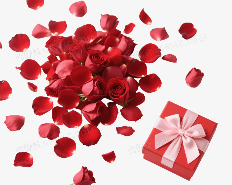 红玫瑰花瓣飘散漂浮元素