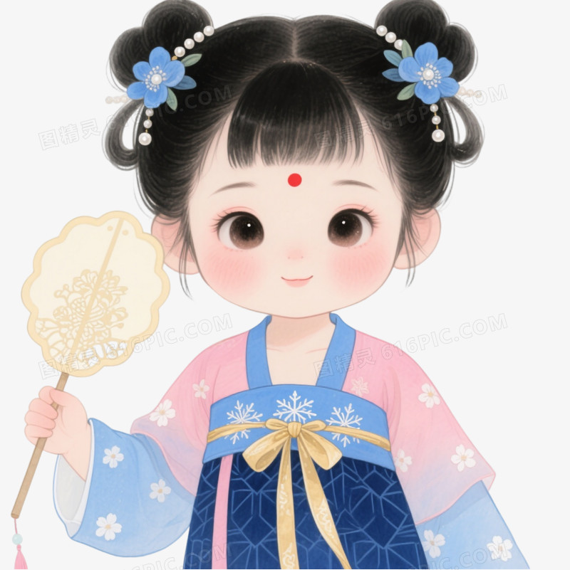 蓝粉汉服古风小女孩卡通手绘元素