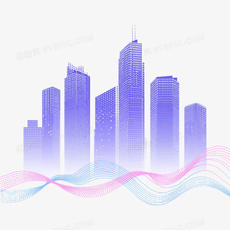 蓝紫点阵城市科技感线描元素