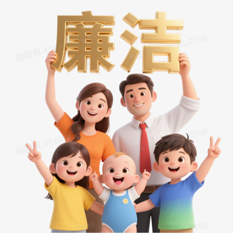 温馨五口卡通家庭廉洁元素