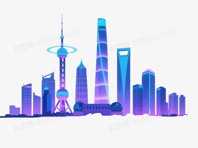 赛博朋克上海天际线漂浮元素