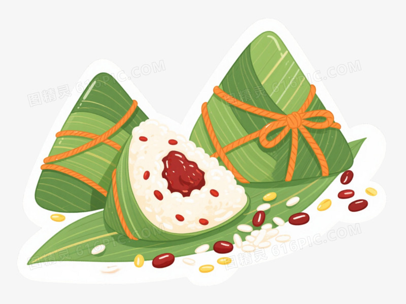 绿色粽叶三角粽子手绘插画元素