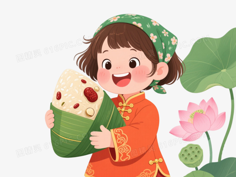 开心女孩抱粽卡通手绘元素