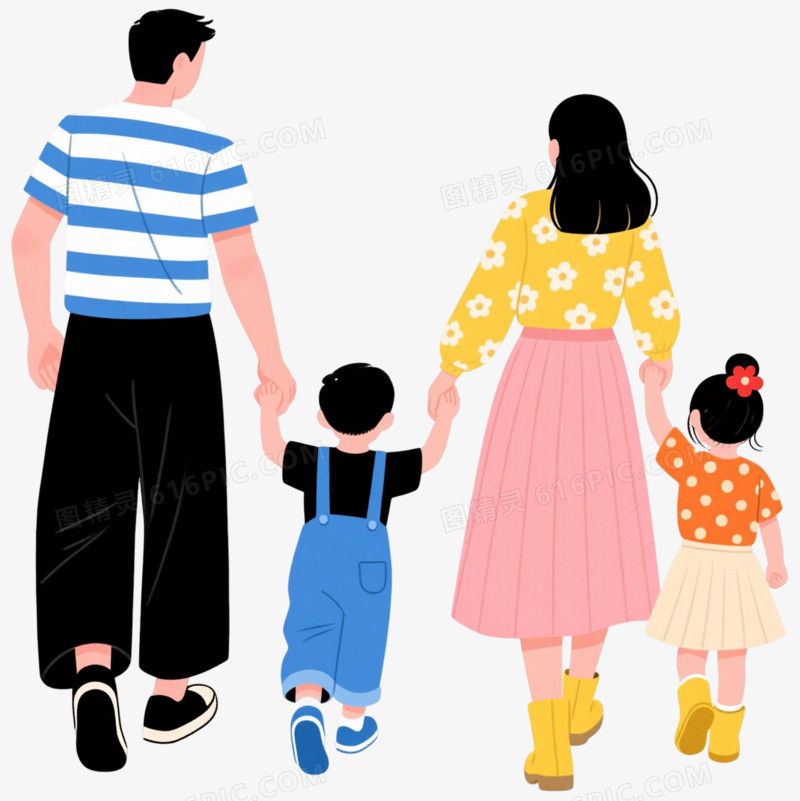 温馨四口之家扁平插画元素